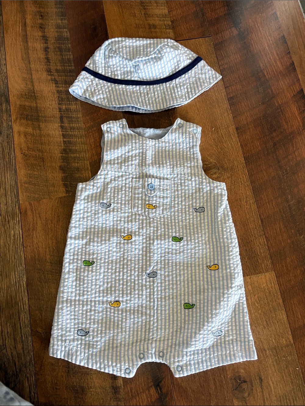 Little Me Blue and White Striped Infant Romper and Hat